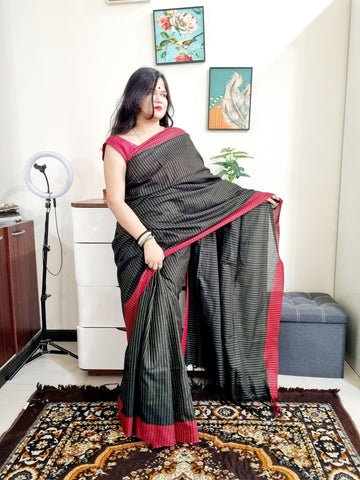 Black and red silver lining bengal handloom soft cotton saree