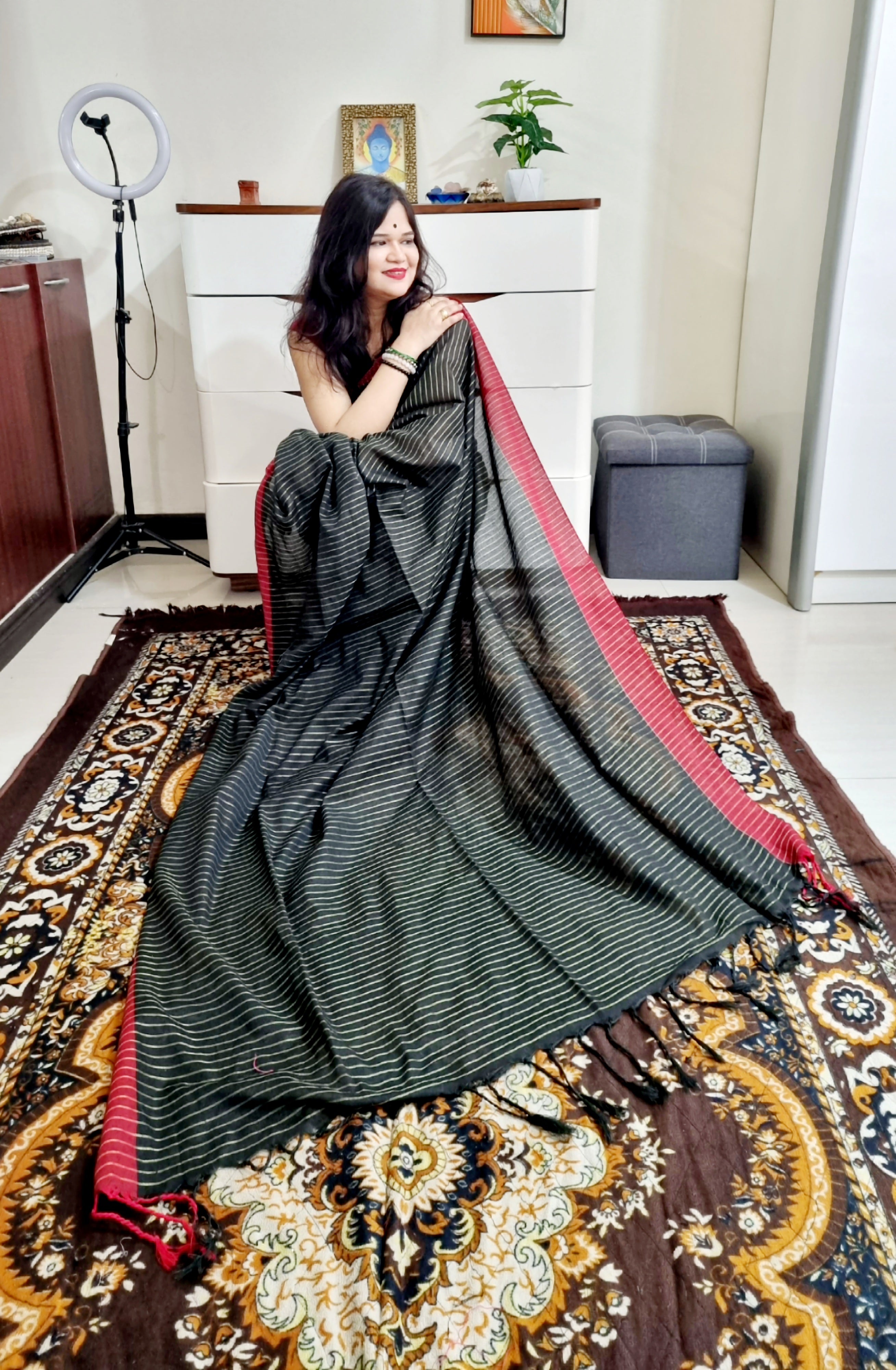 Black and red silver lining bengal handloom soft cotton saree