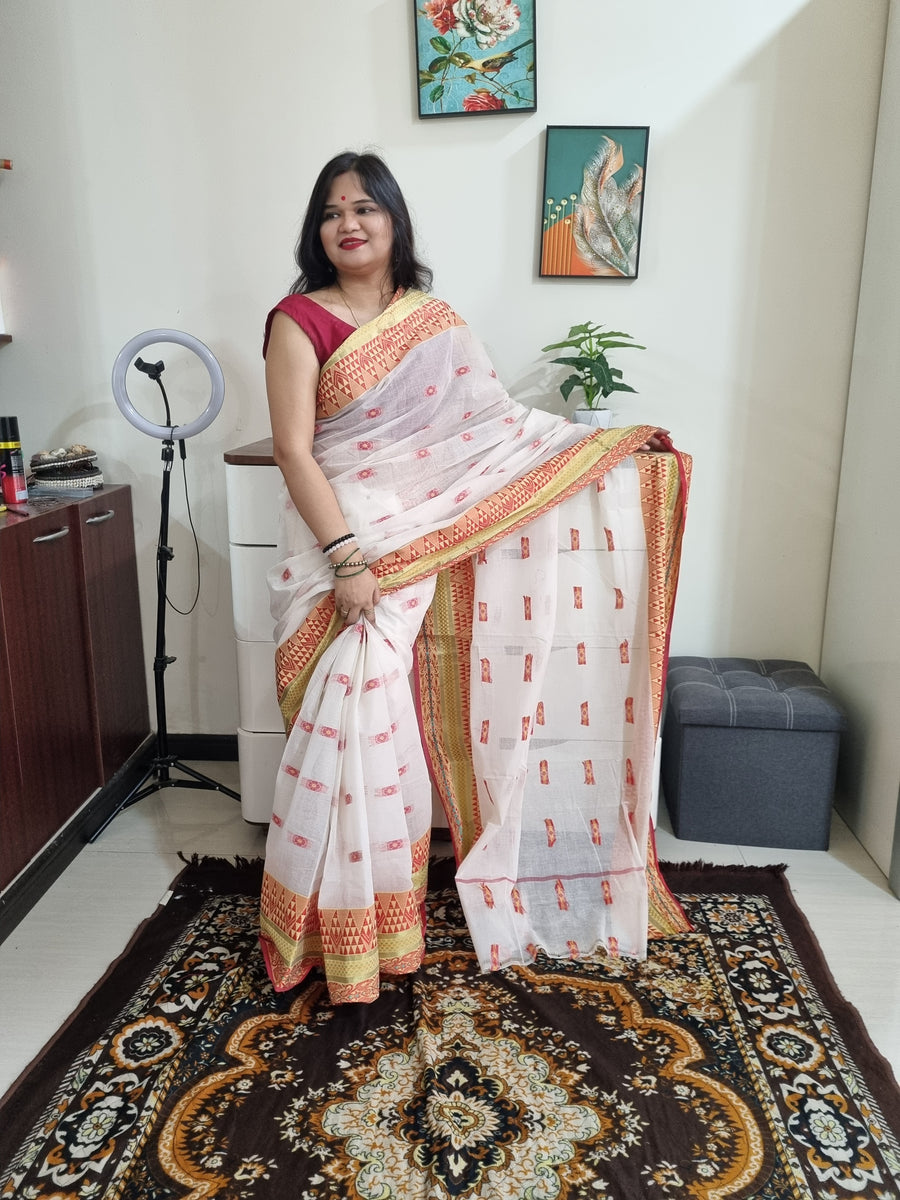 White & red sindur khela bengal tant cotton saree