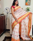 White & red sindur khela bengal tant cotton saree