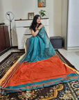 Bengal Handloom Rama green and orange si-co saree