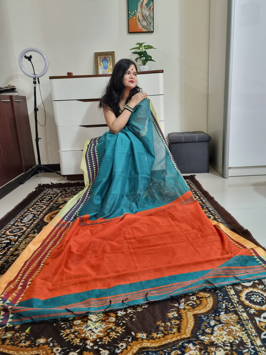 Bengal Handloom Rama green and orange si-co saree