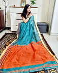 Bengal Handloom Rama green and orange si-co saree