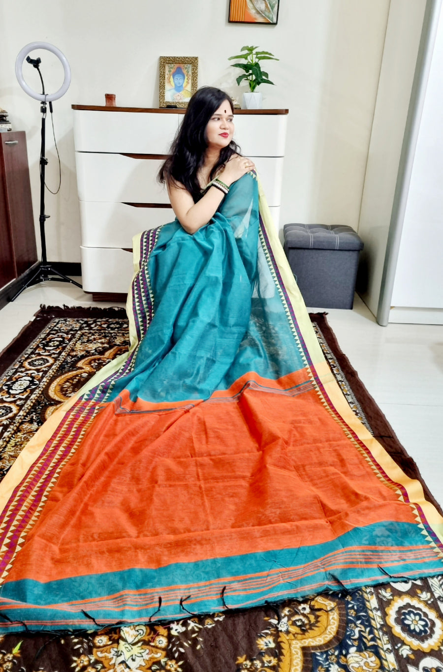 Bengal Handloom Rama green and orange si-co saree