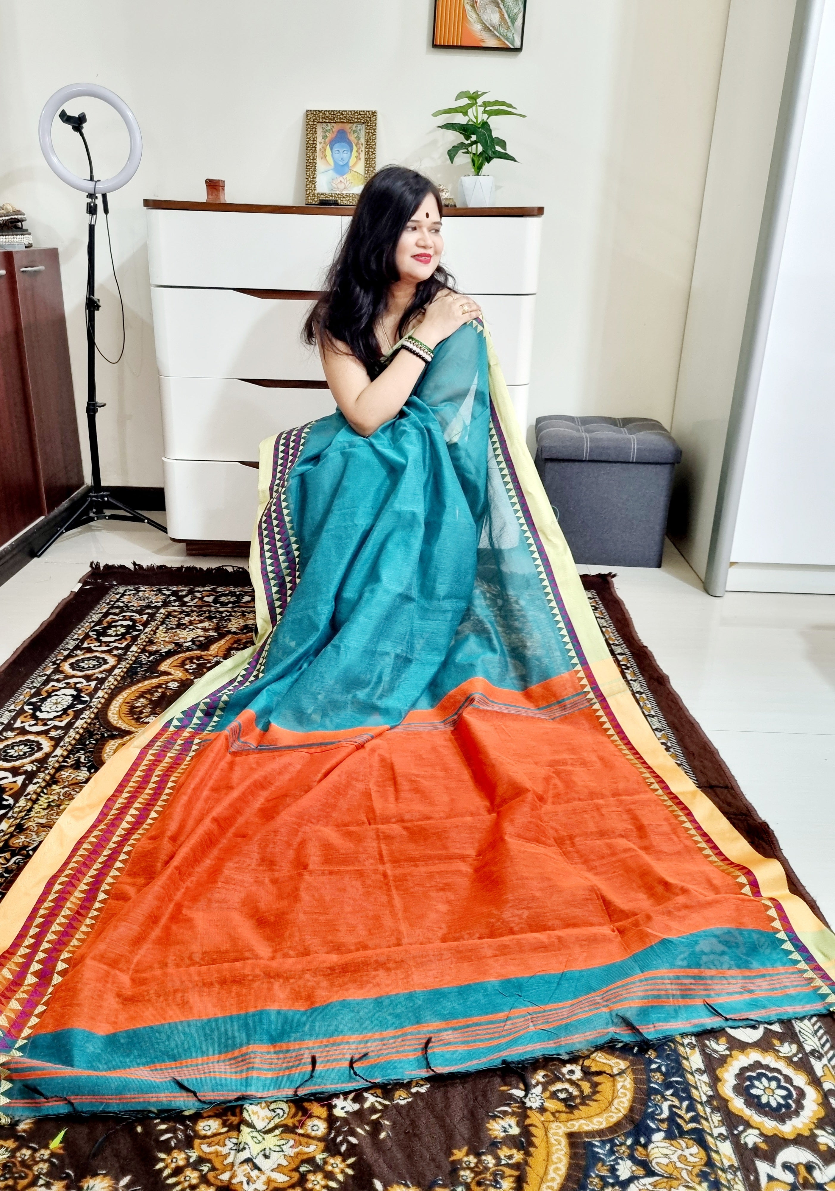 Bengal Handloom Rama green and orange si-co saree