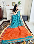 Bengal Handloom Rama green and orange si-co saree