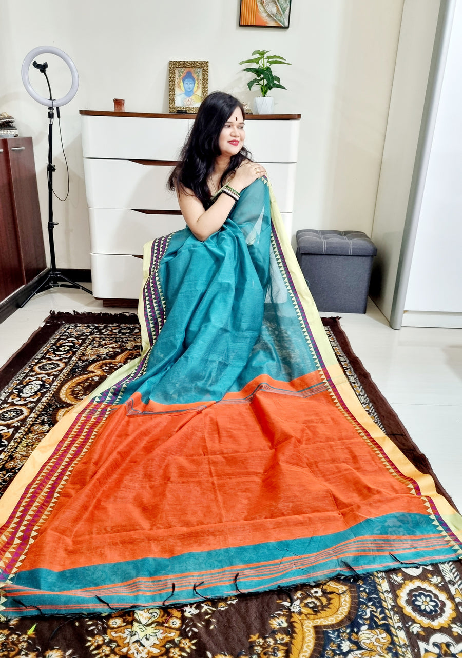 Bengal Handloom Rama green and orange si-co saree