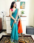 Bengal Handloom Rama green and orange si-co saree