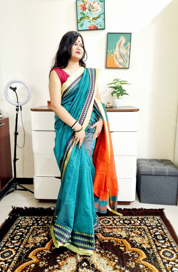 Bengal Handloom Rama green and orange si-co saree