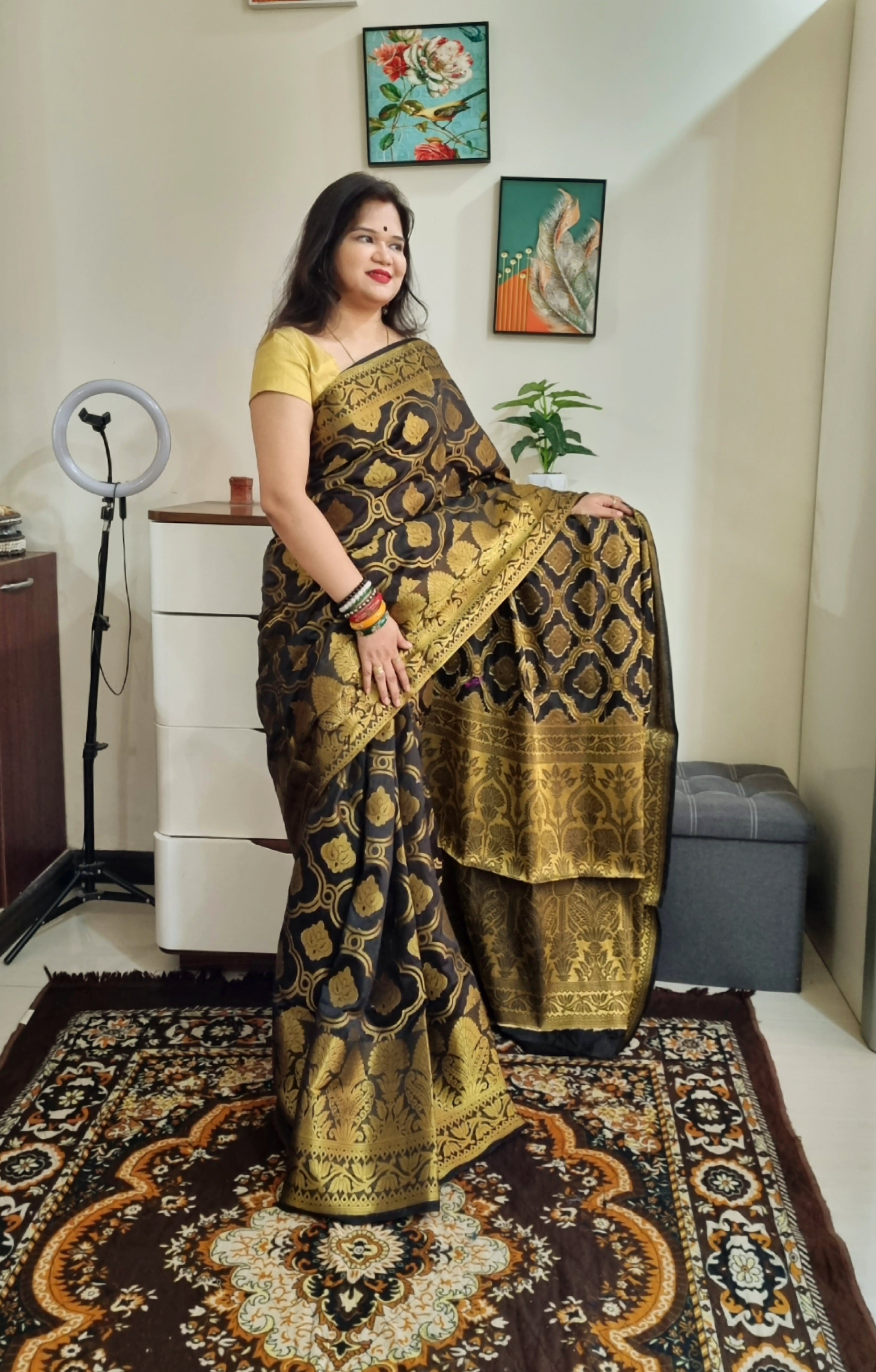 South silk black with golden zari weaving soft saree