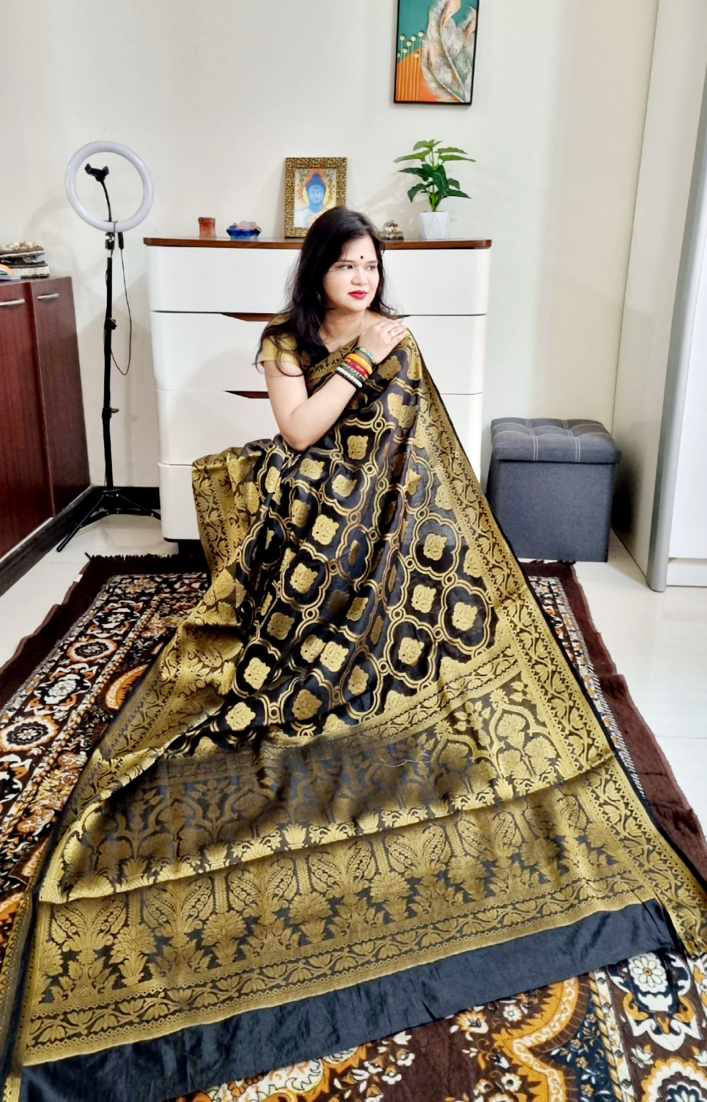 South silk black with golden zari weaving soft saree