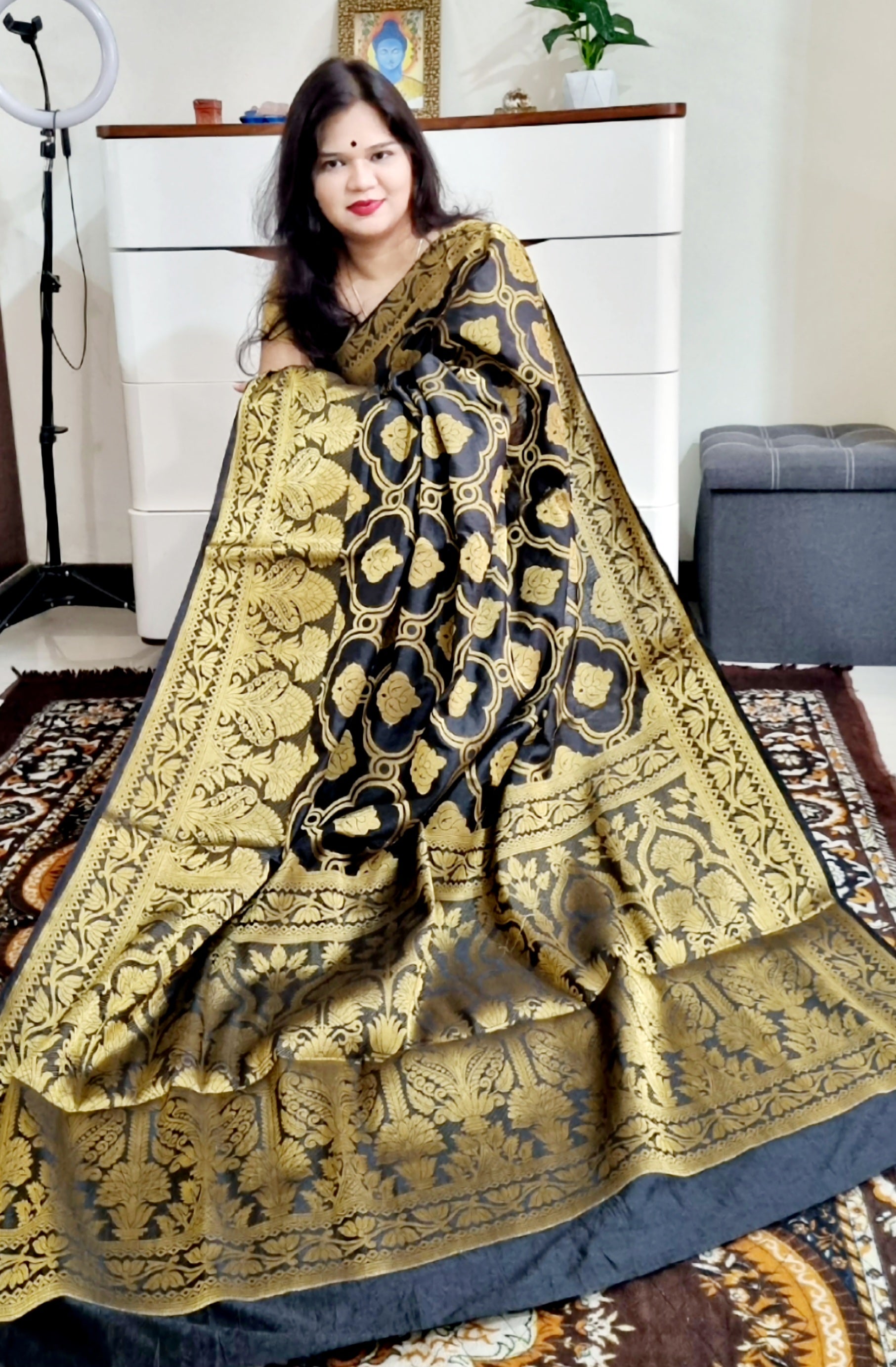 South silk black with golden zari weaving soft saree