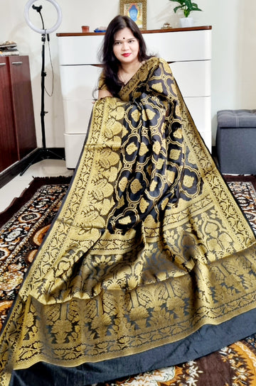 South silk black with golden zari weaving soft saree