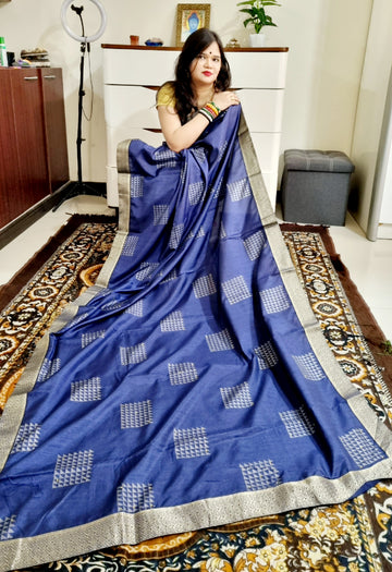 Foil Print blue soft vichitra silk saree