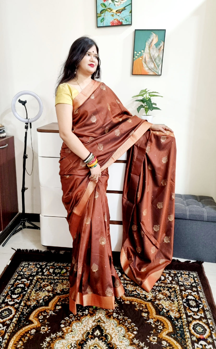 Foil print copper soft vichitra saree