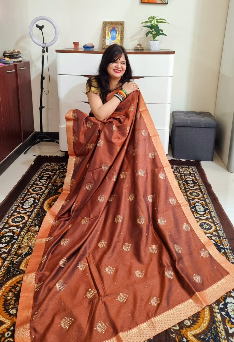 Foil print copper soft vichitra saree