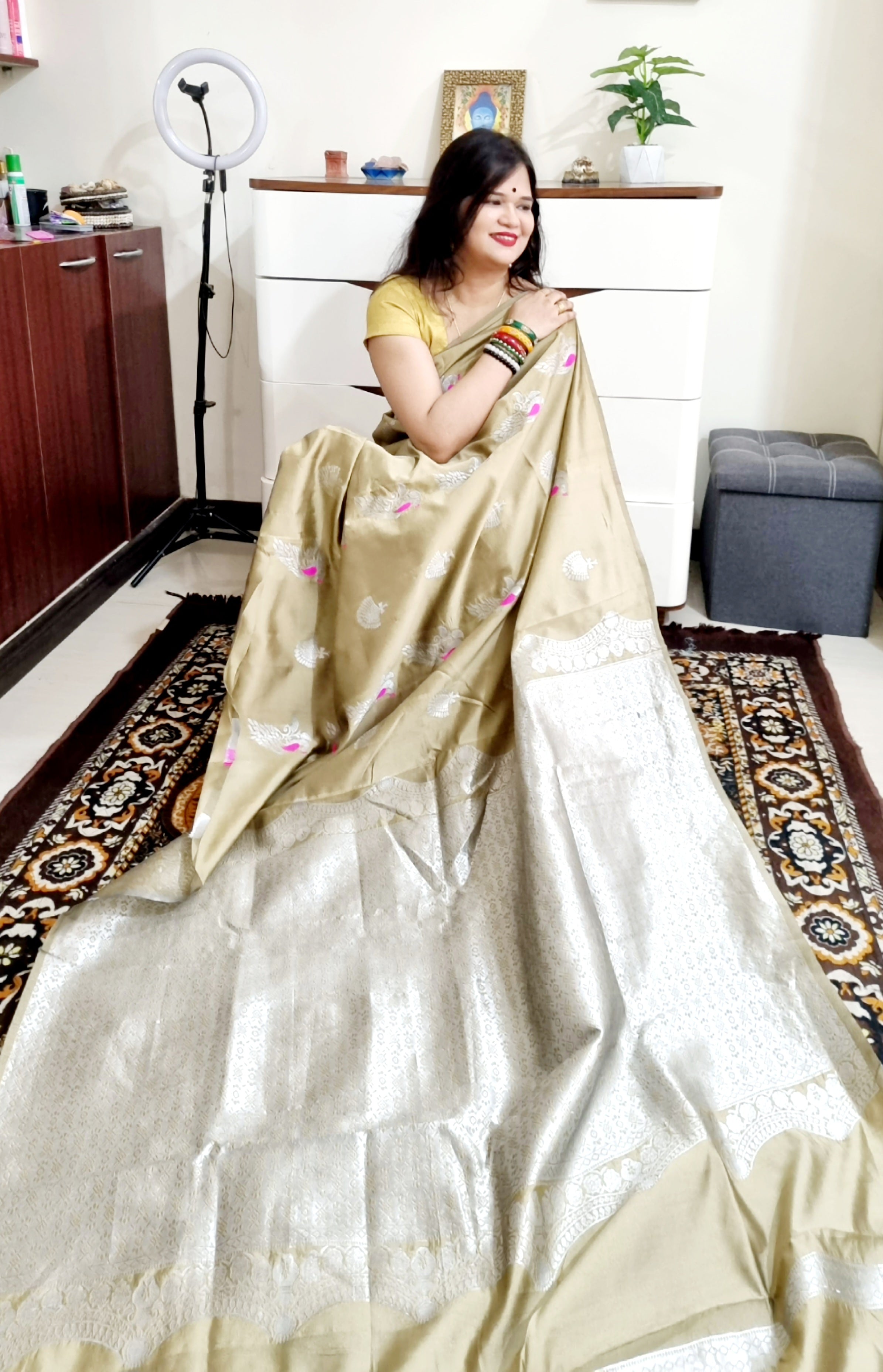 Silver zari peacock weaving beige silk saree