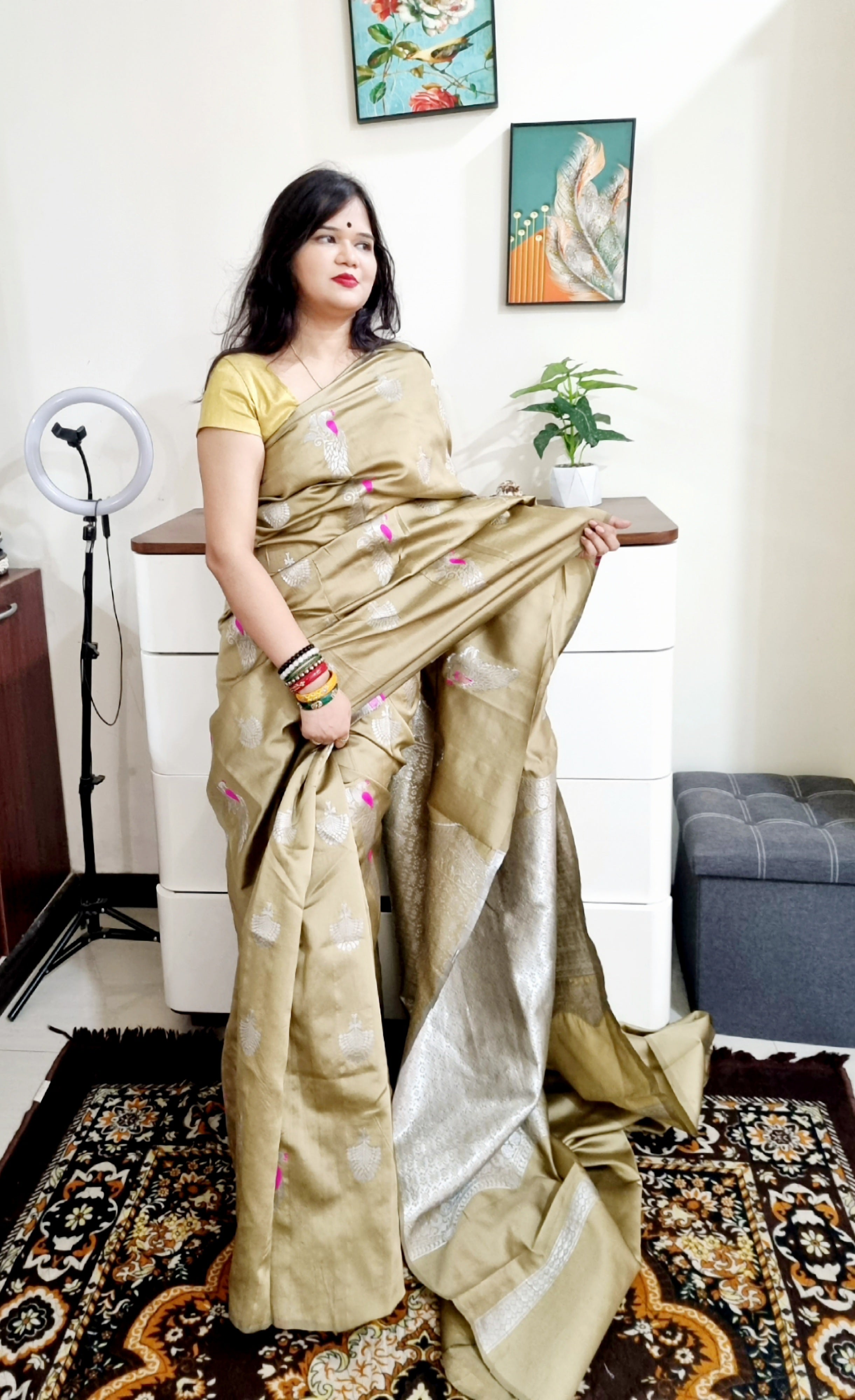 Silver zari peacock weaving beige silk saree