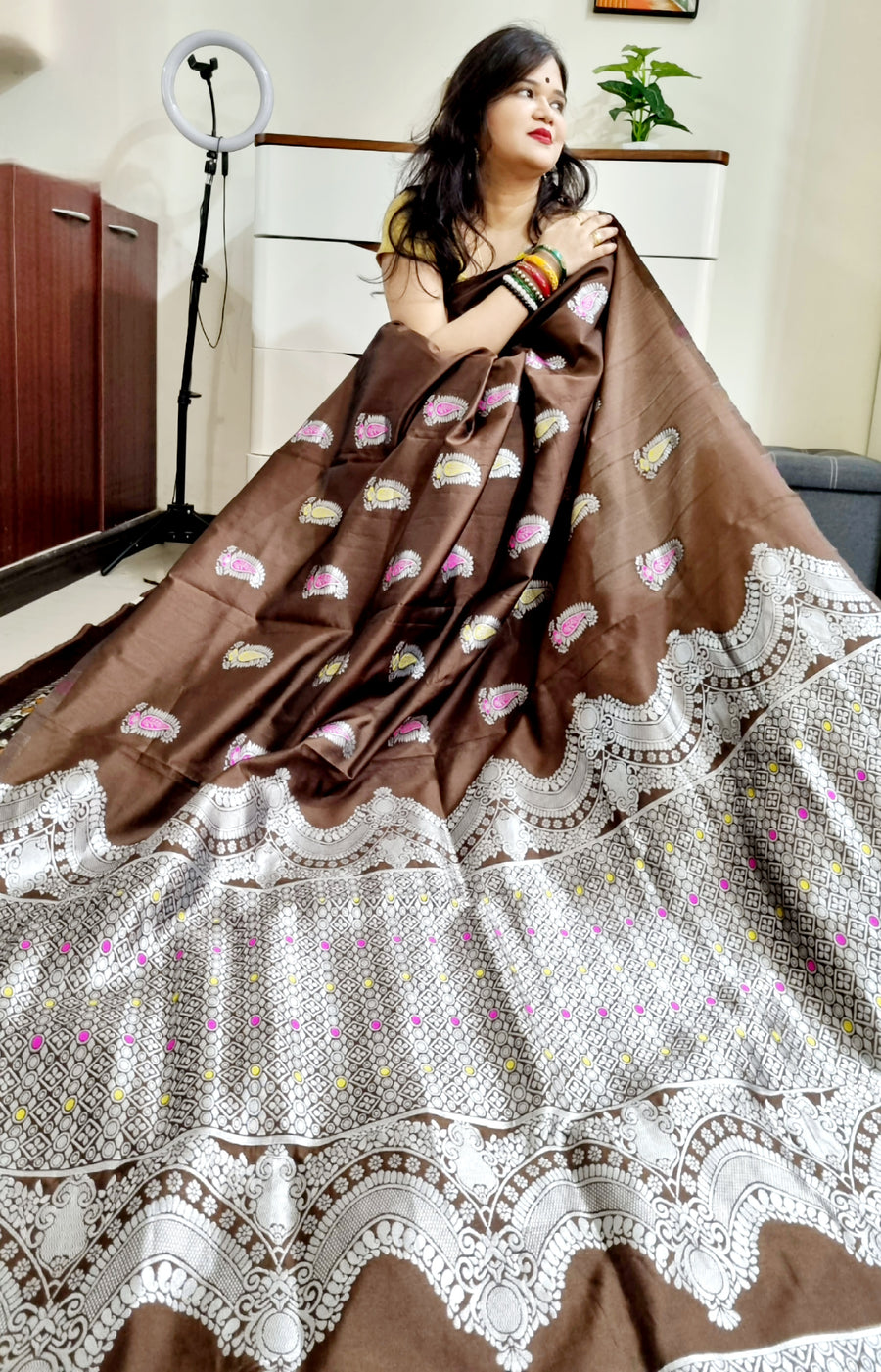 Coco cola multicolor kerry silver zari weaving soft silk saree