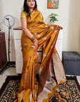 Golden brown peacock motif soft silk zari weaving saree