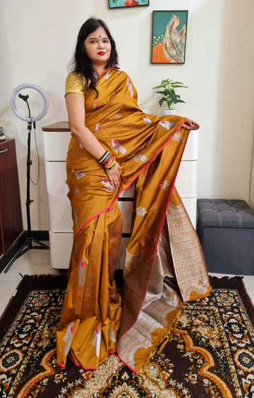 Golden brown peacock motif soft silk zari weaving saree