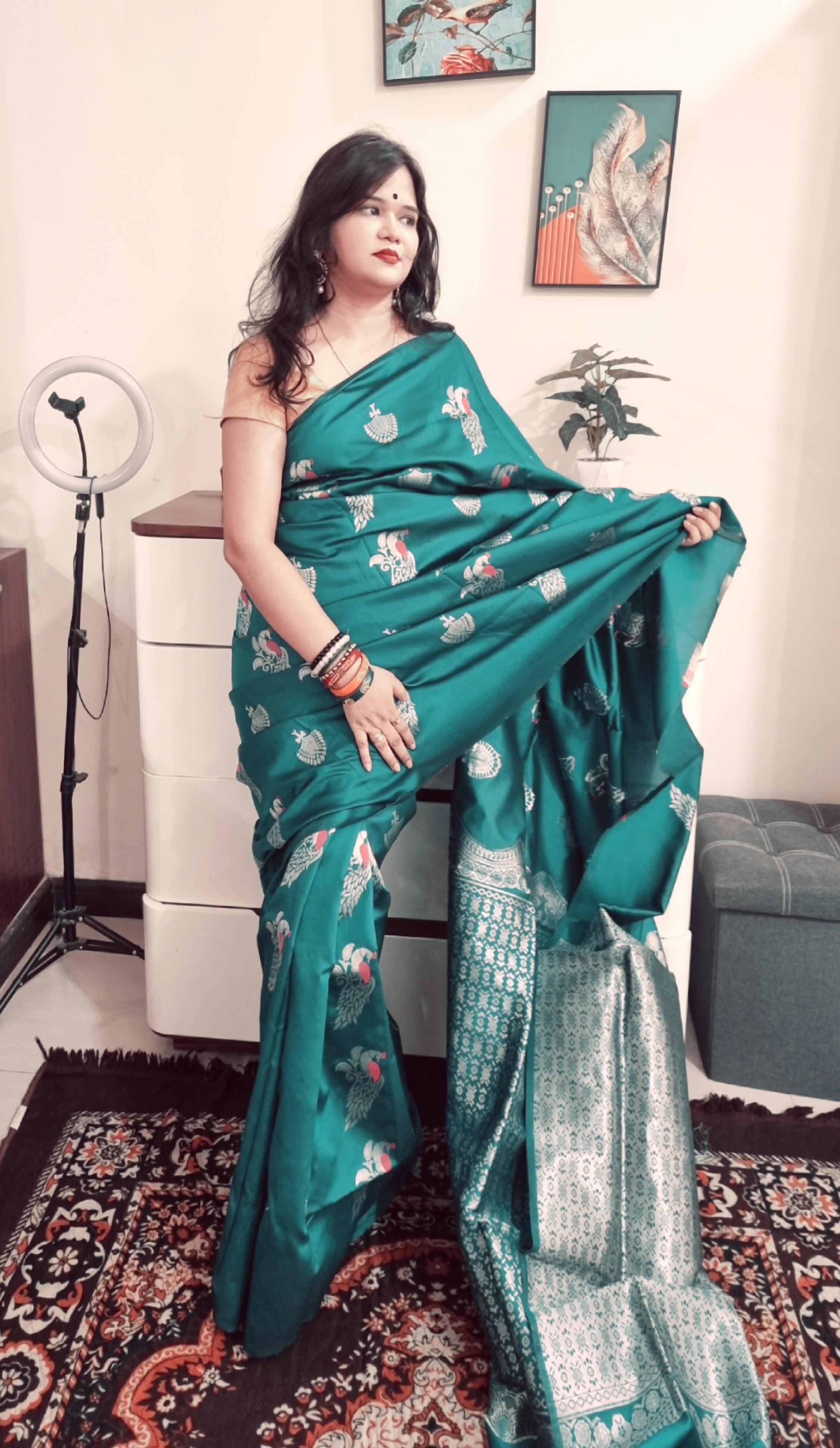 Teal Green multicolor peacock boota soft silk saree