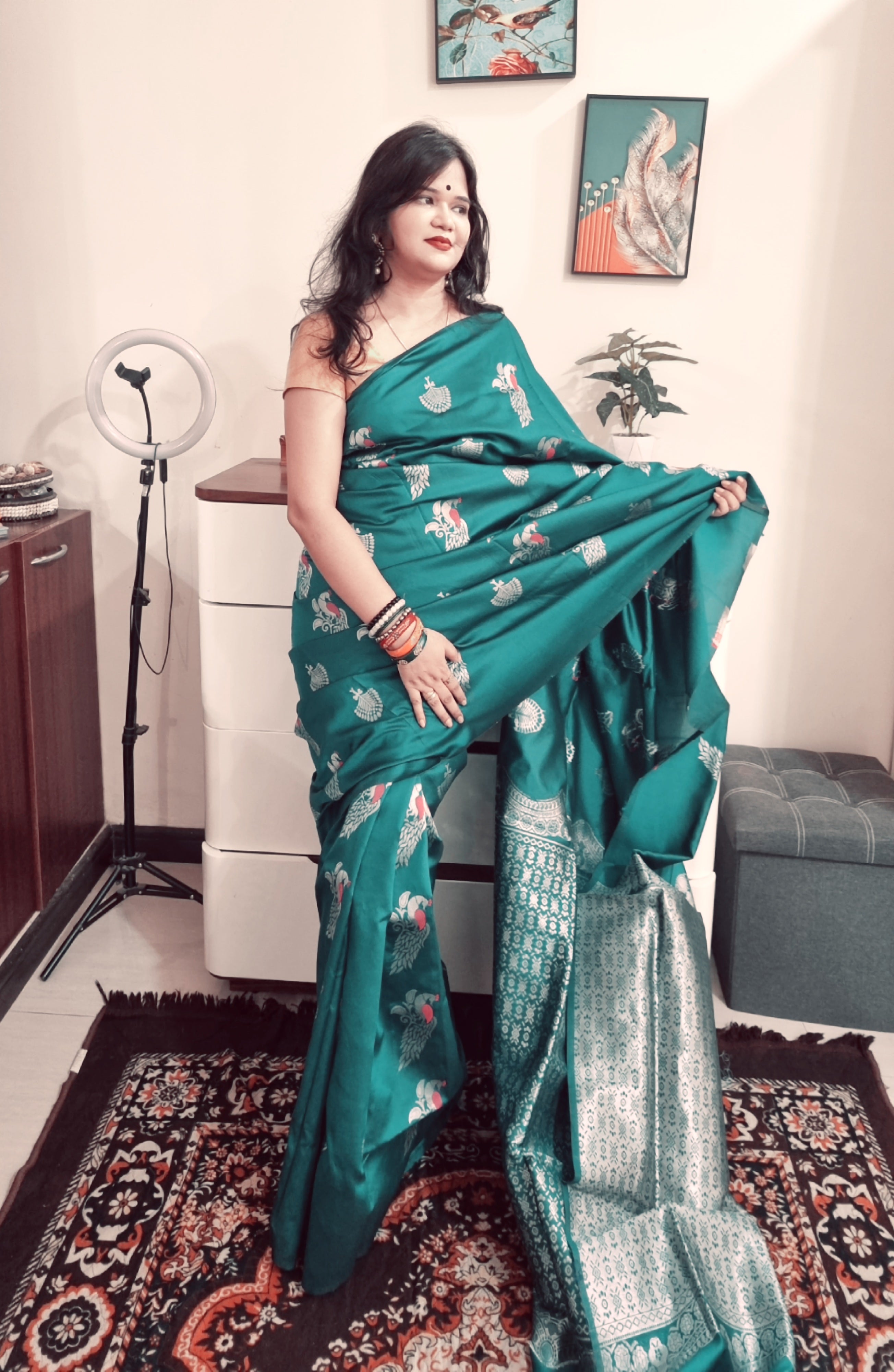Teal Green multicolor peacock boota soft silk saree