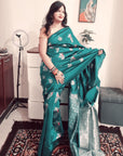 Teal Green multicolor peacock boota soft silk saree