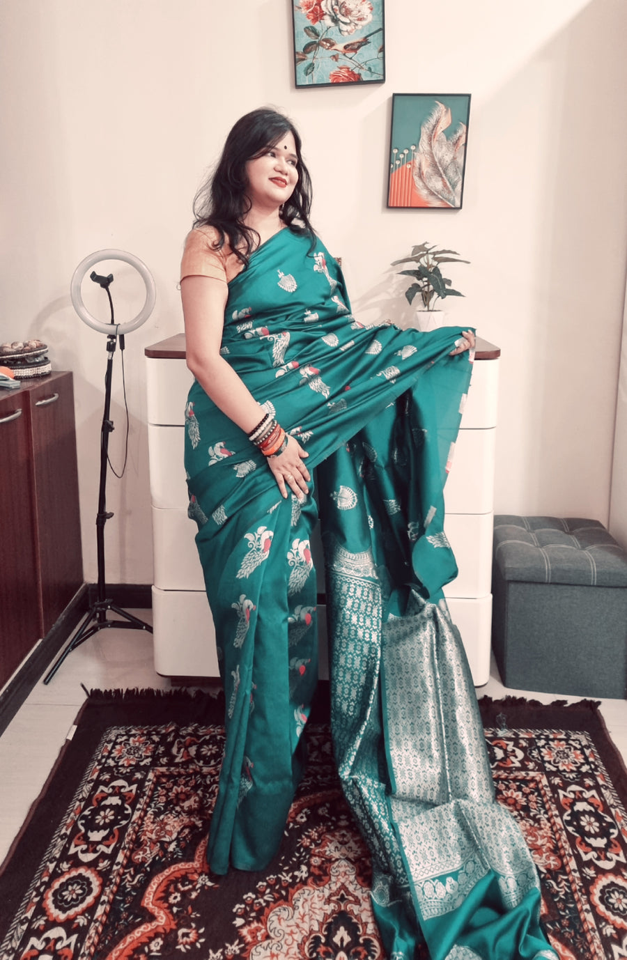 Teal Green multicolor peacock boota soft silk saree