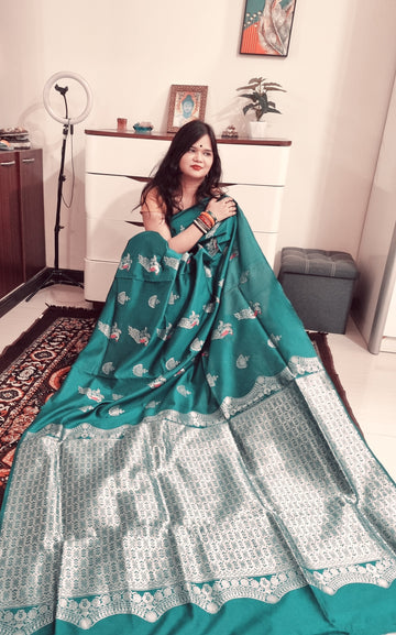 Teal Green multicolor peacock boota soft silk saree