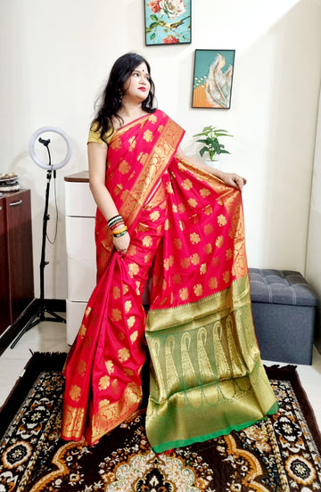 Red and green dual tone golden zari hibiscus weaving saree