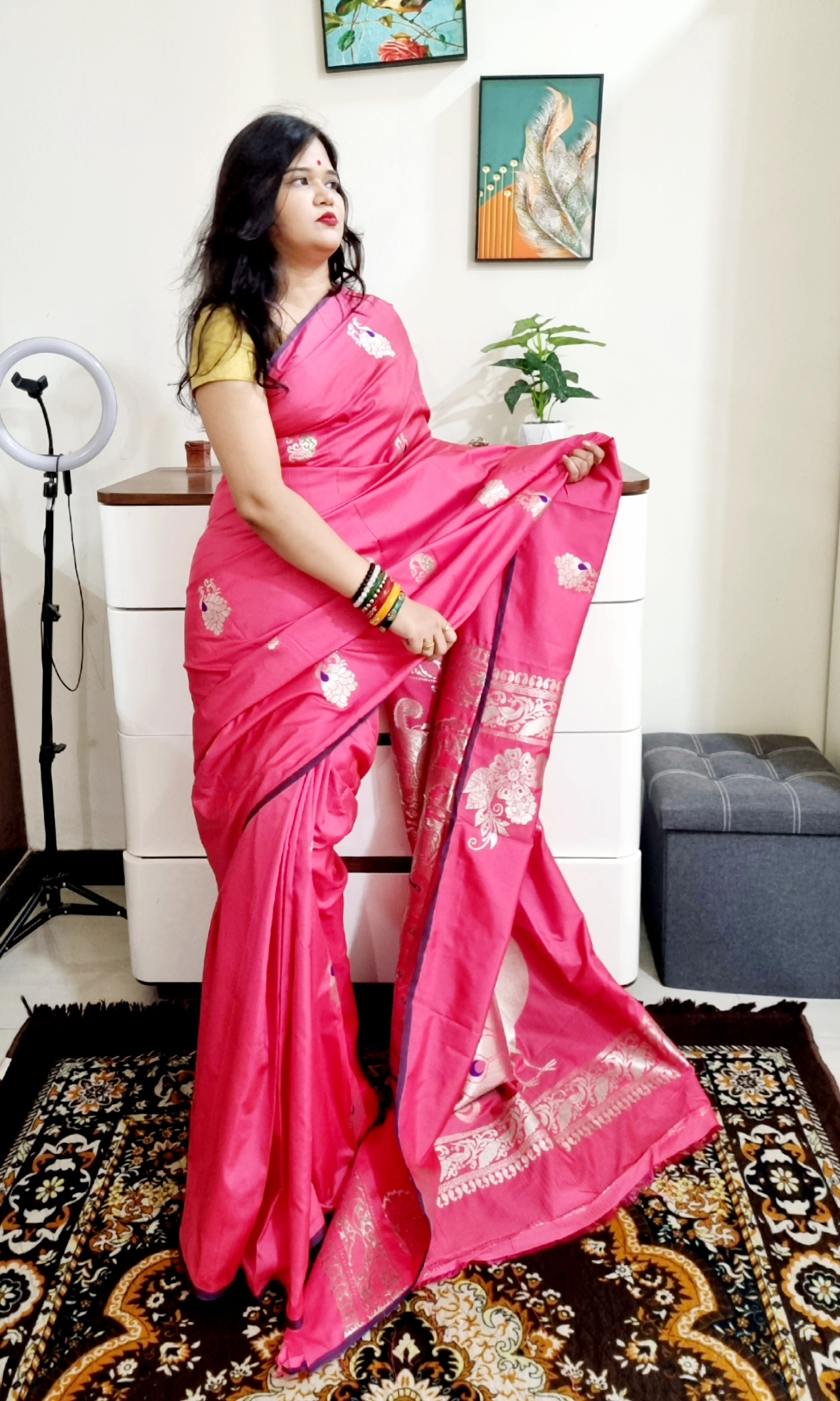 Pink soft silk silver zari peacock weaving saree