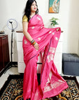 Pink soft silk silver zari peacock weaving saree