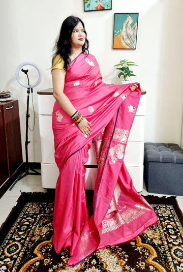 Pink soft silk silver zari peacock weaving saree