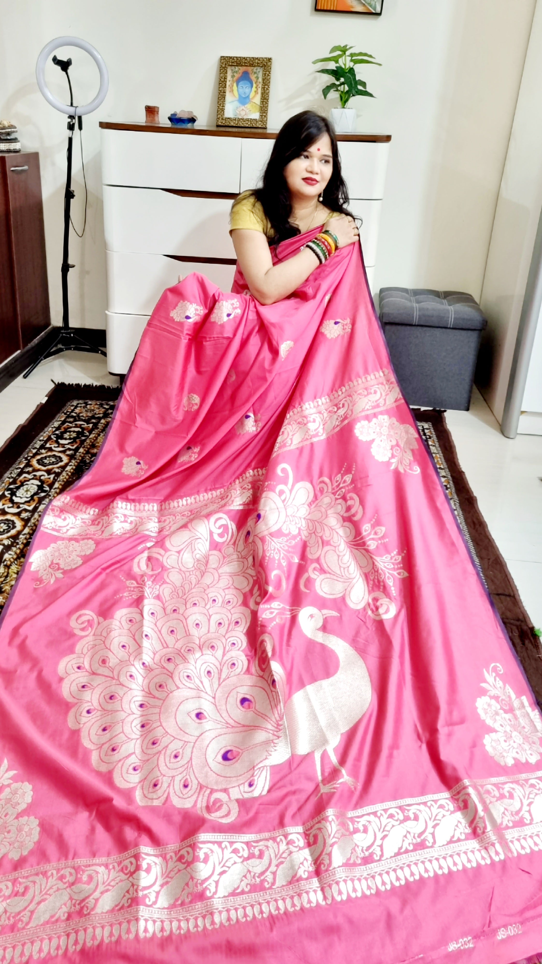 Pink soft silk silver zari peacock weaving saree