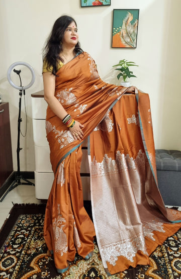 Soft silk silver zari weaving copper saree