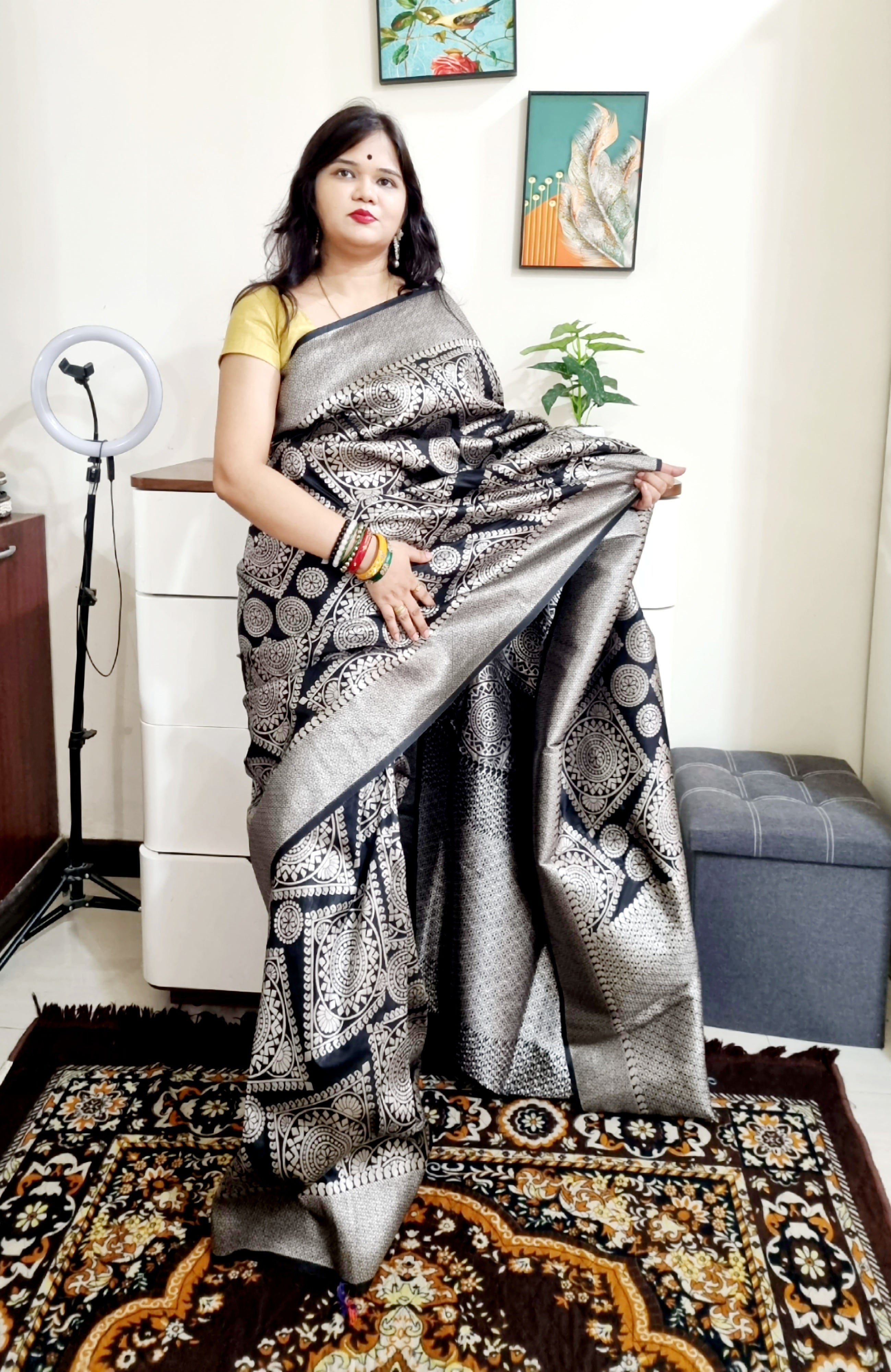Black Silver zari weaving geometrical pattern silk saree