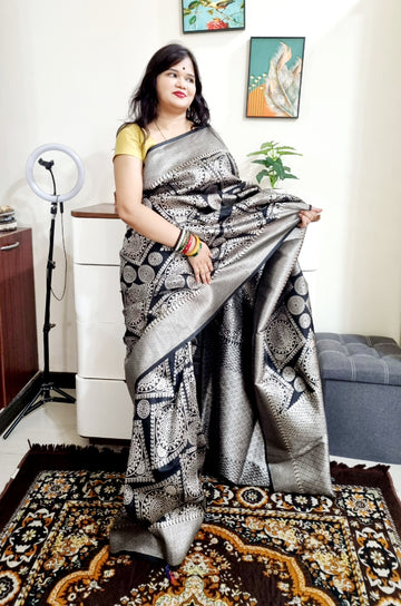 Black Silver zari weaving geometrical pattern silk saree