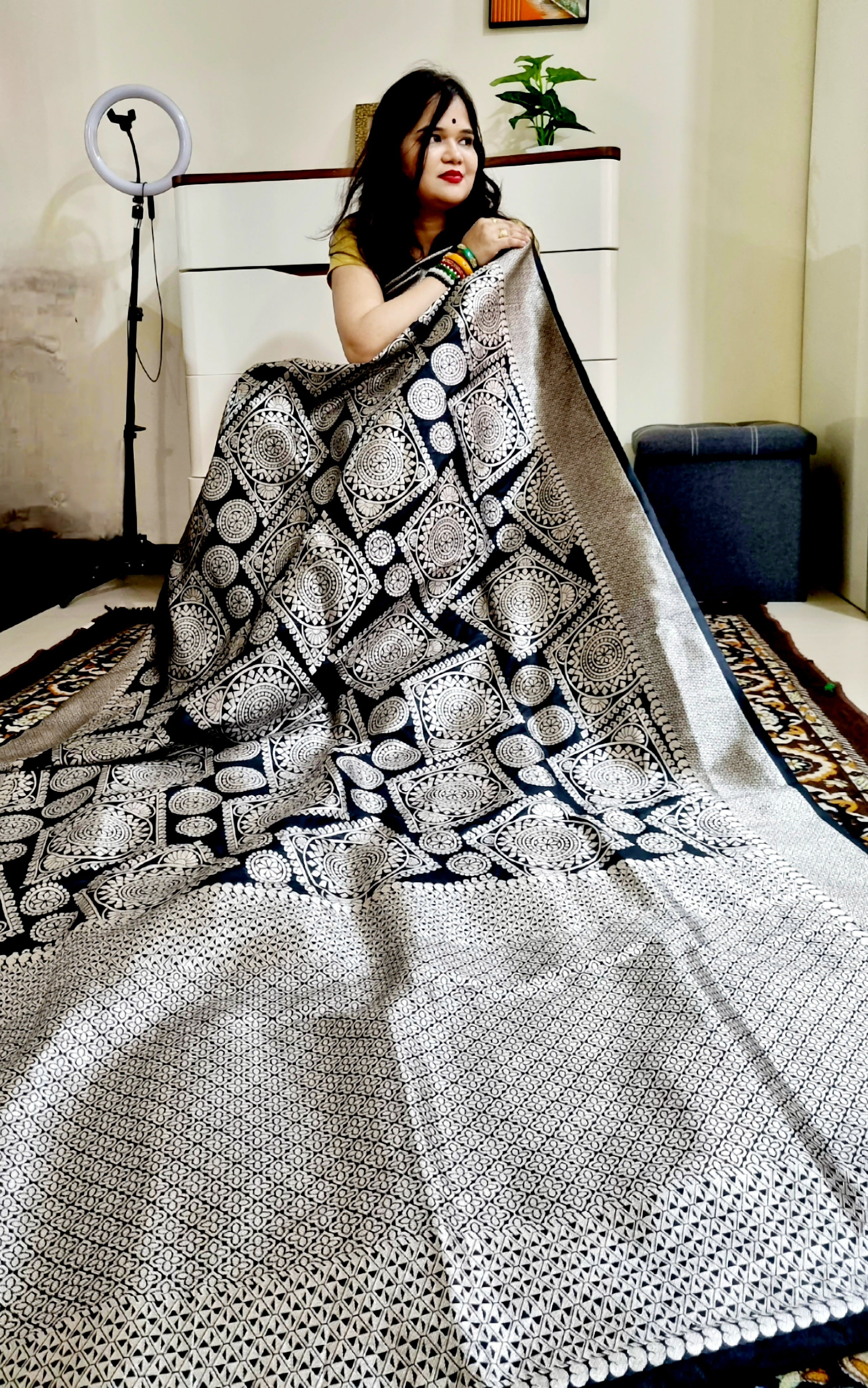 Black Silver zari weaving geometrical pattern silk saree