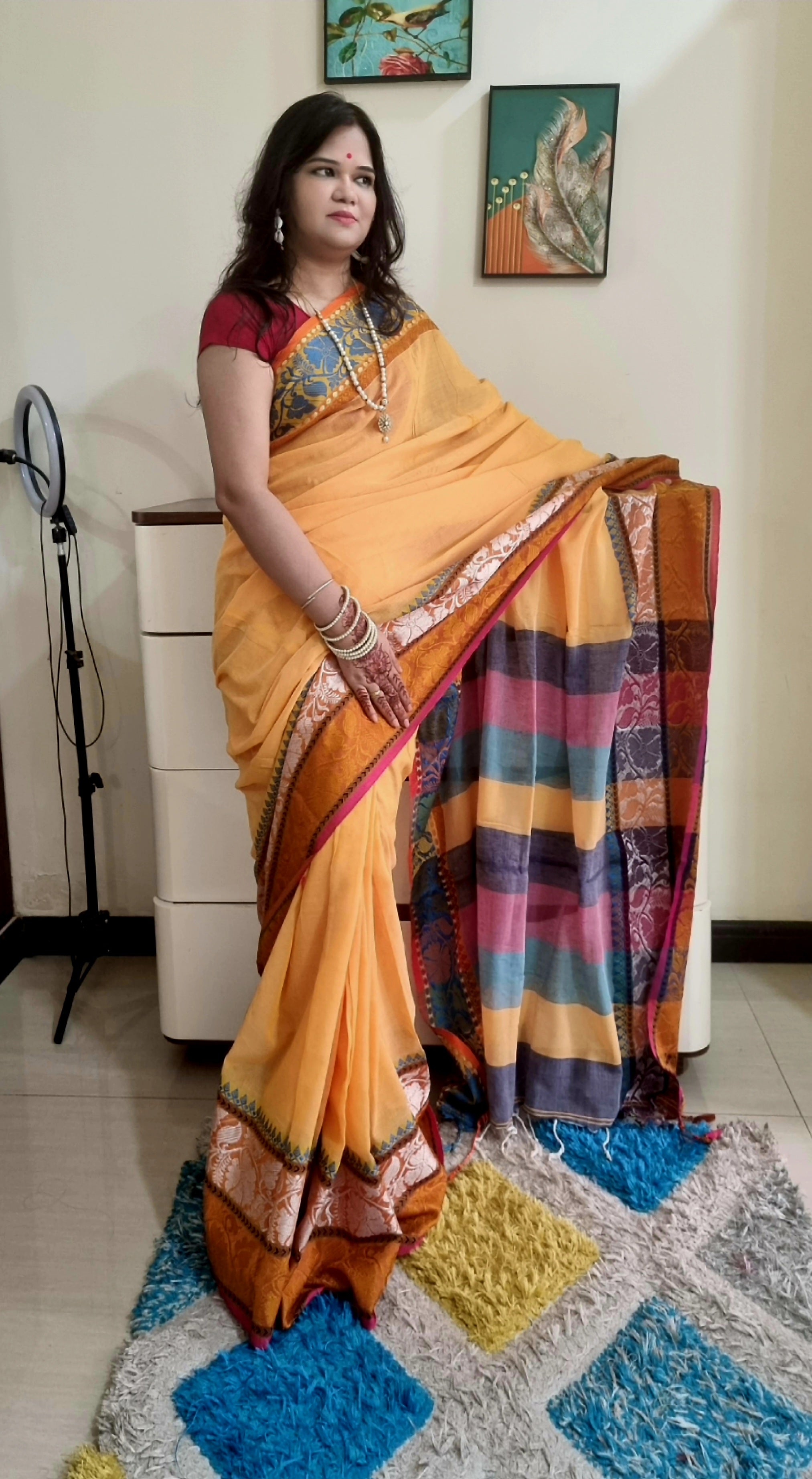 Rainbow border Soft cotton saree
