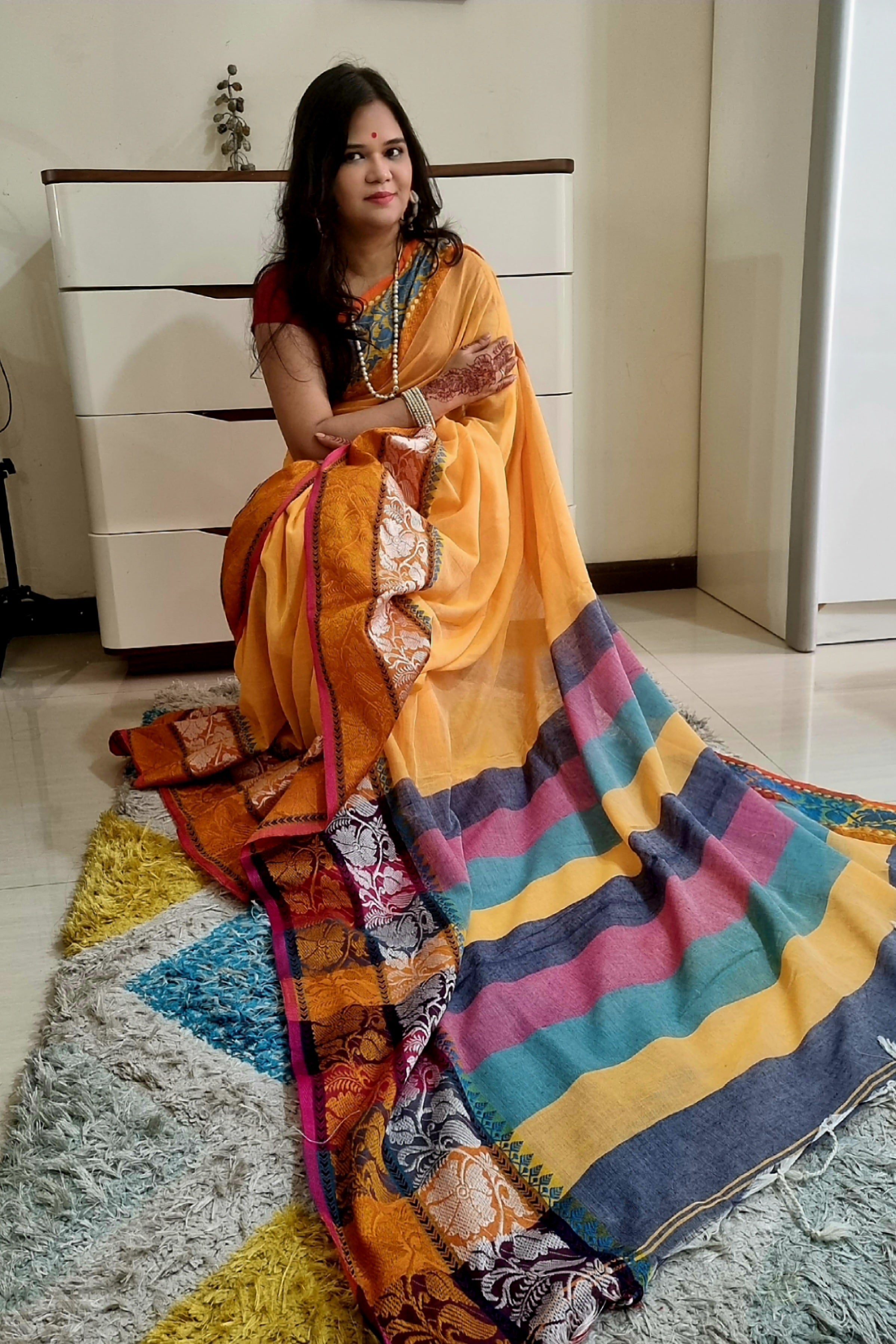 Rainbow border Soft cotton saree