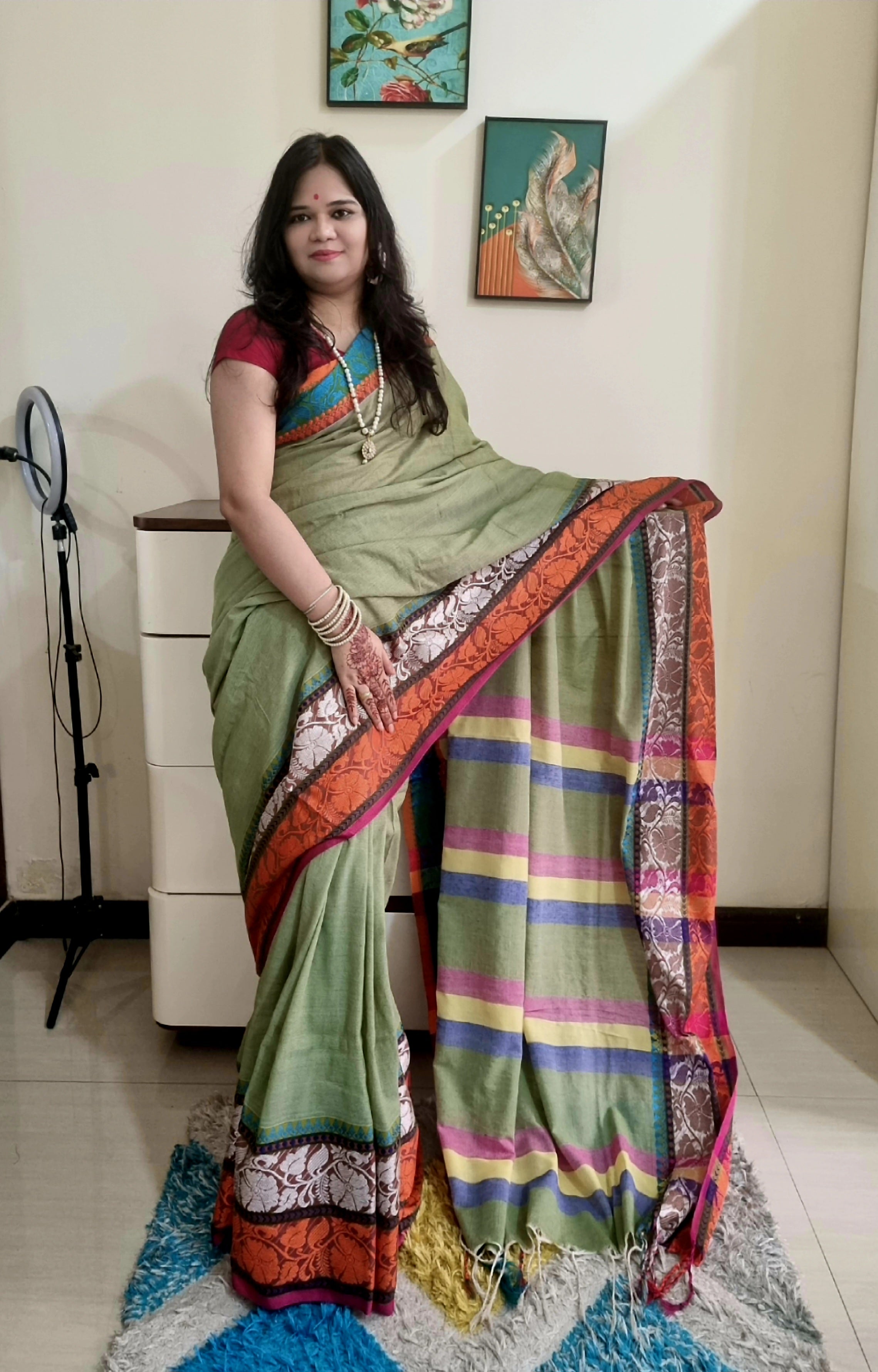 Rainbow border Soft cotton saree