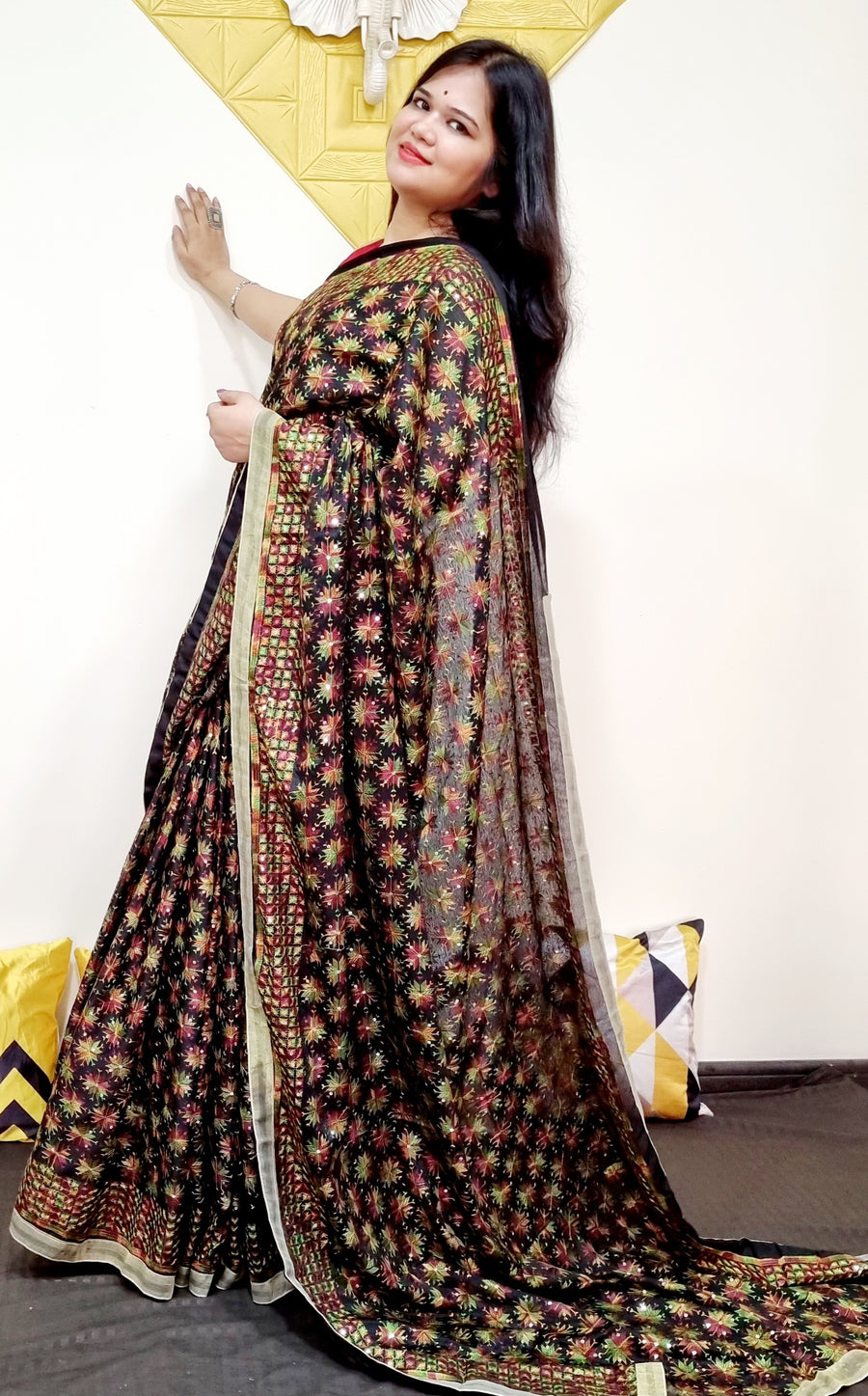 Bold and beautiful Black multicolor resham thread work Phulkari