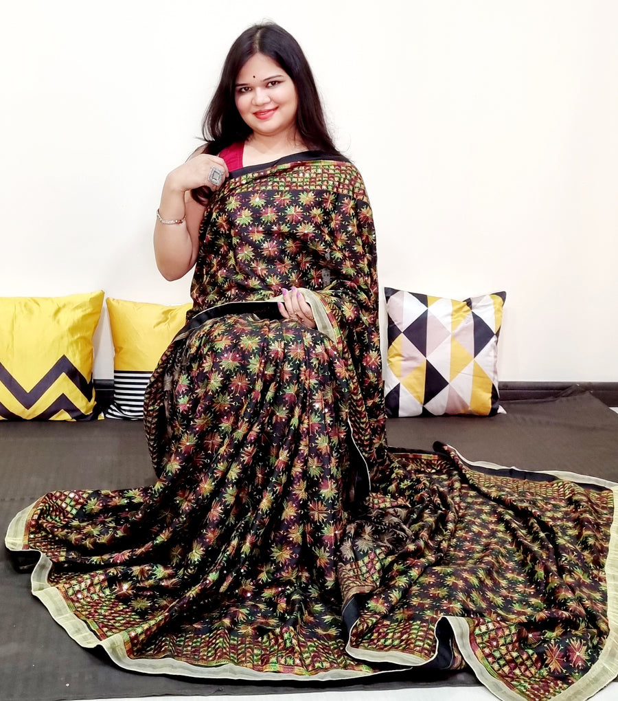 Bold and beautiful Black multicolor resham thread work Phulkari