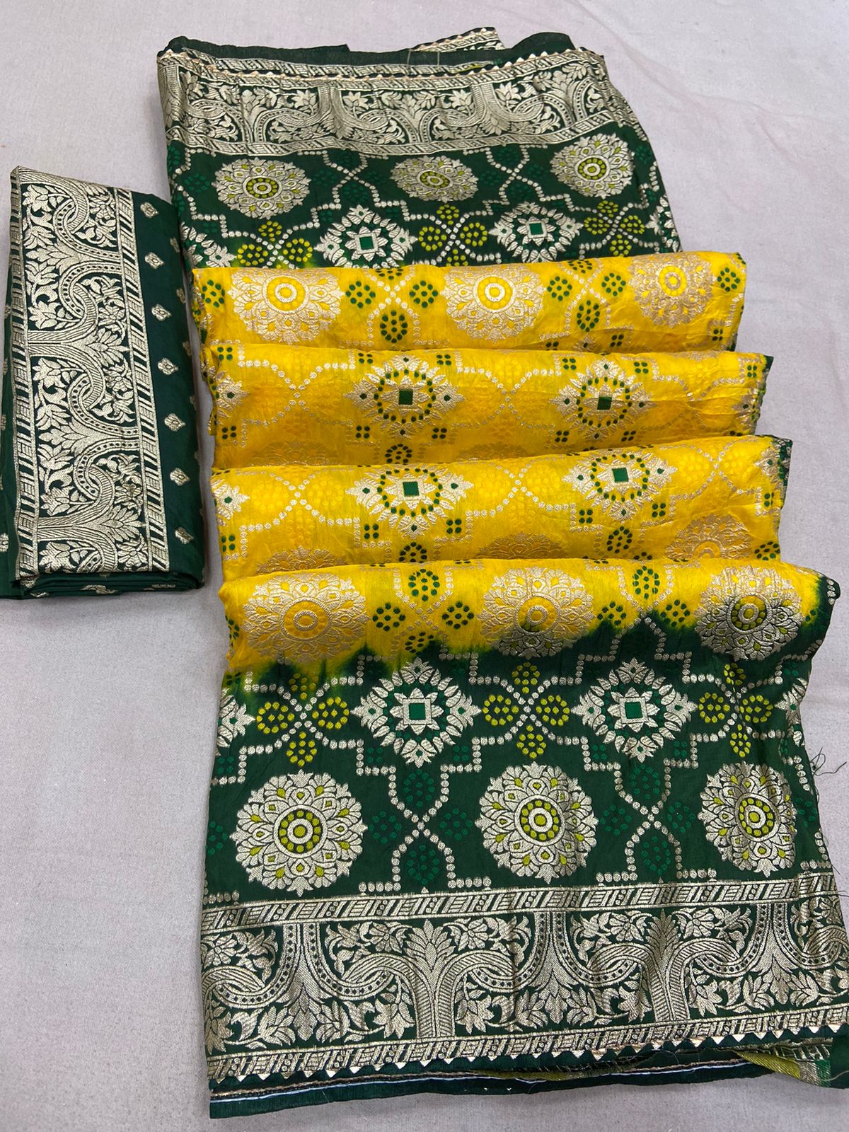 YELLOW WITH GREEN BANDHNI RUSSIAN DOLA SILK