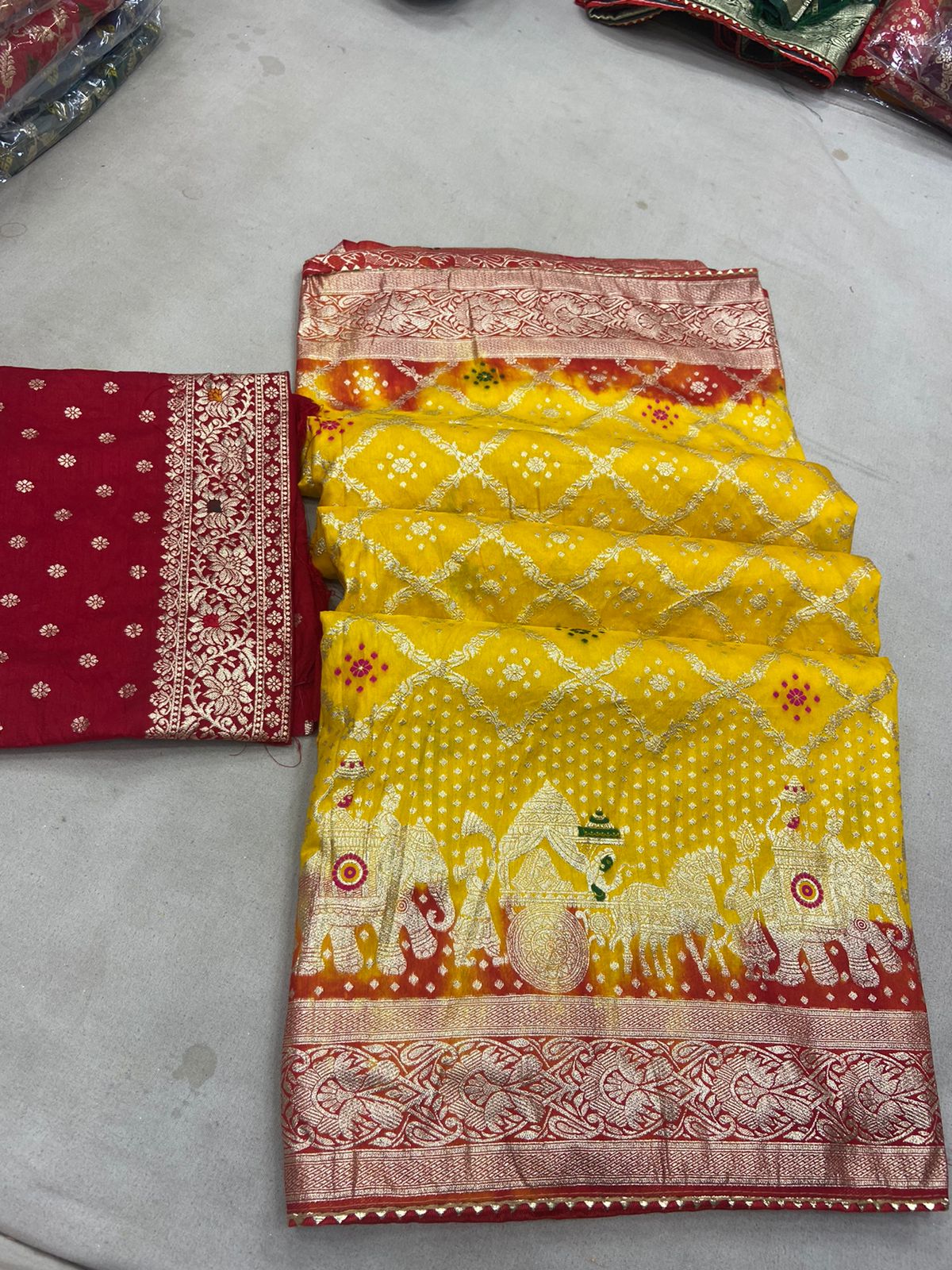 YELLOW AND RED BANDHNI RUSSIAN DOLA SILK HATHI GHODA