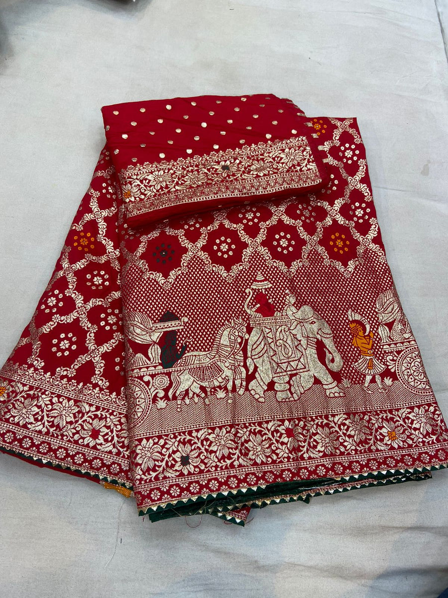 RED BANDHNI RUSSIAN DOLA SILK HATHI GHODA