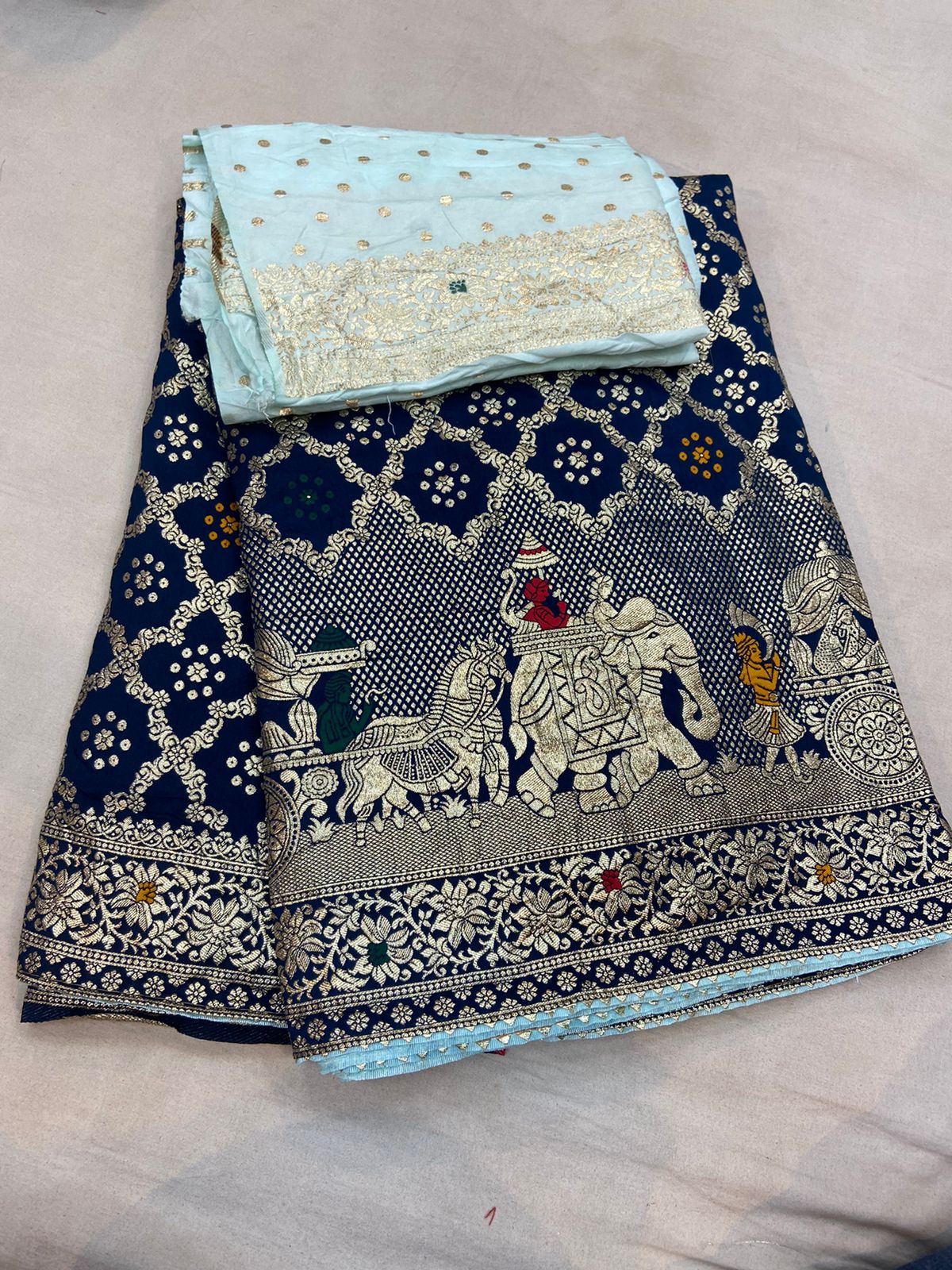 NAVY BLUE BANDHNI RUSSIAN DOLA SILK HATHI GHODA