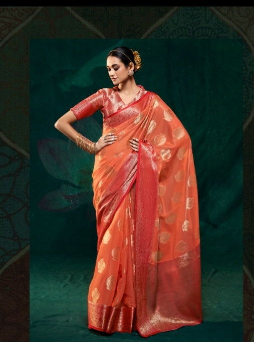 सॉफ्ट सैटिन ऑर्गेंज़ा साड़ी