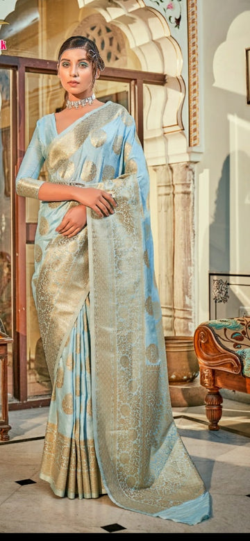 Turqoise blue Banarasi zari Boota Art silk